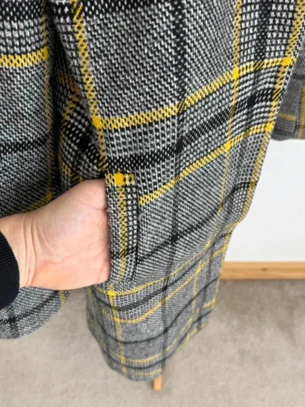 QED London Grey & Yellow Checked Wool Blend Coat 12 - Picture 4 of 5